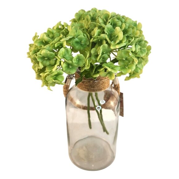 Artificial Green Hydrangea Flower Bunch 3 Stems Green Realistic Faux Floral Deco - Picture 4 of 7